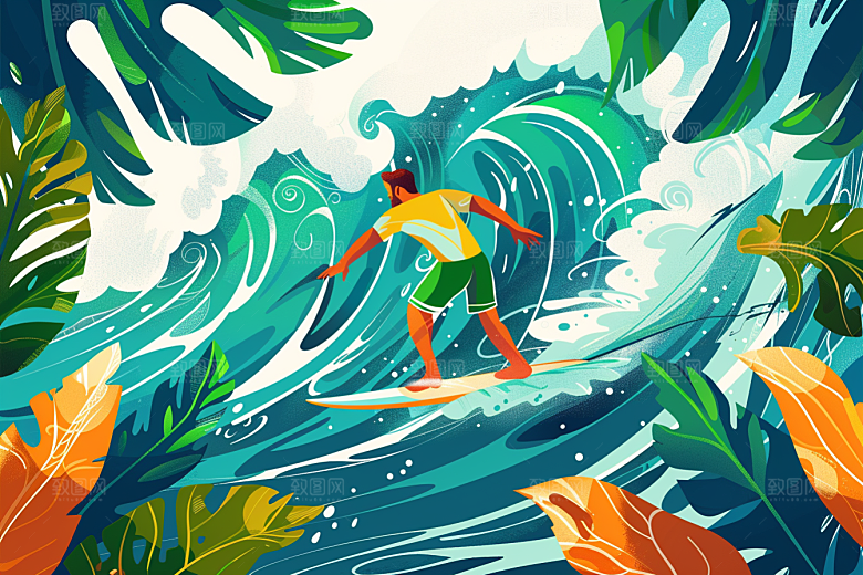扁平风冲浪玩水高清插画