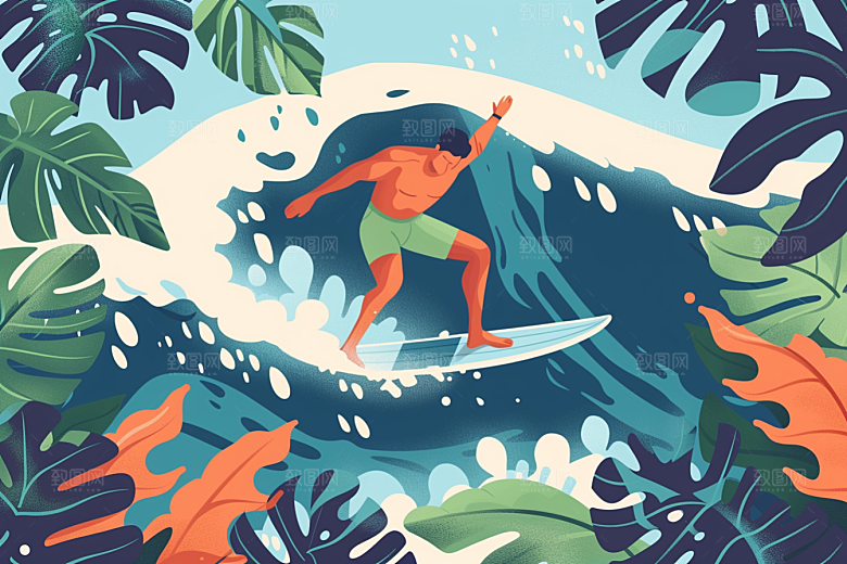 扁平风冲浪画报风海边插画