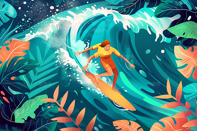 扁平风冲浪手绘海浪插画