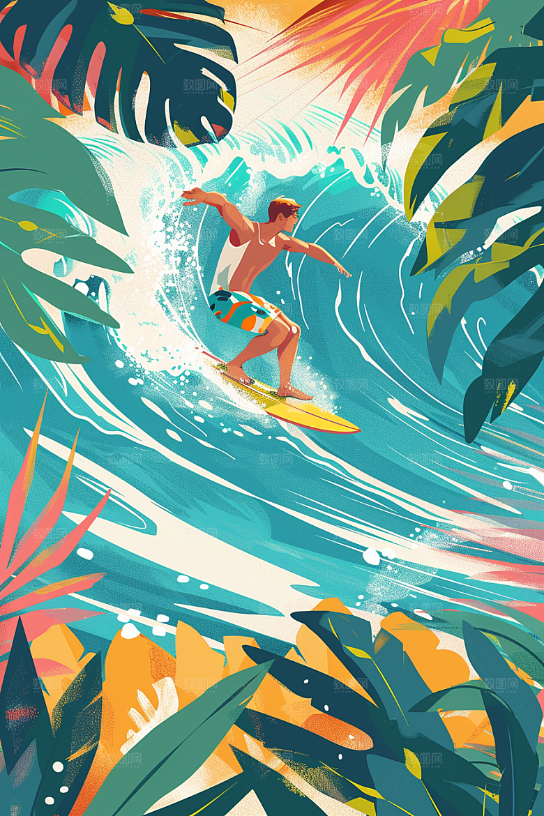 扁平风冲浪INS风戏水插画