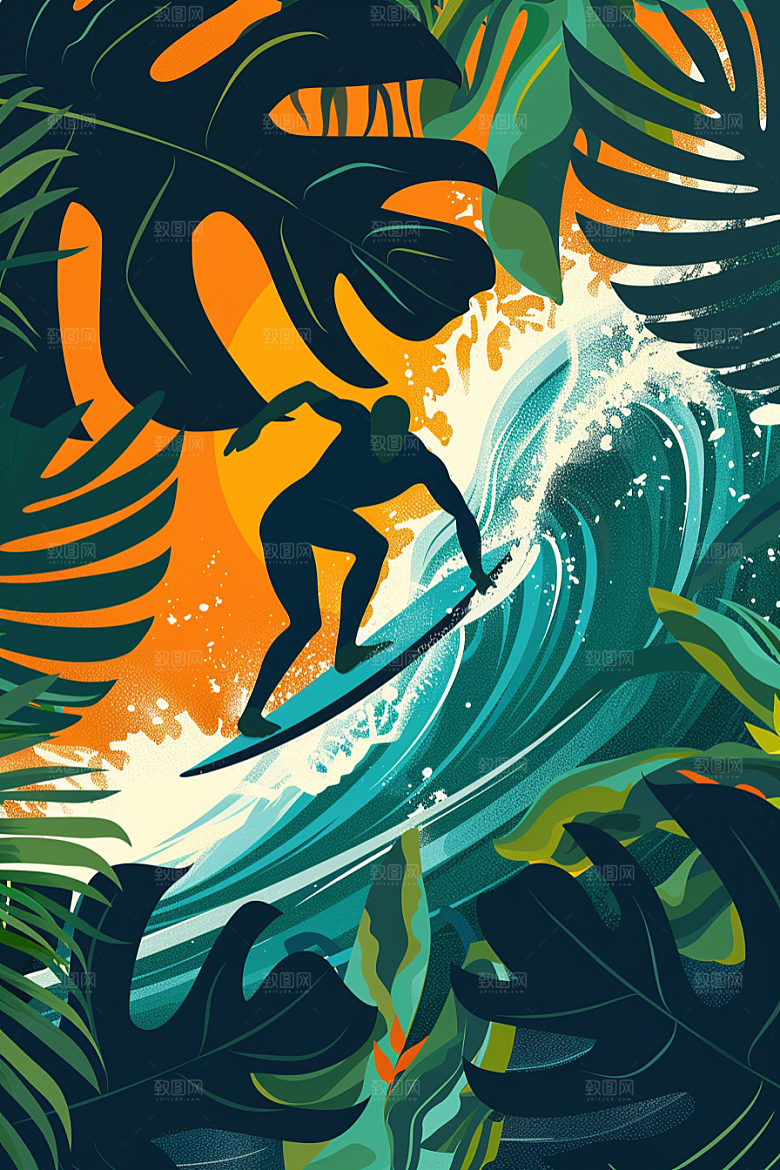 扁平风冲浪玩水休闲插画