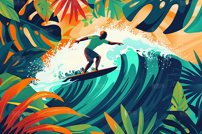 扁平风冲浪水上运动海边插画