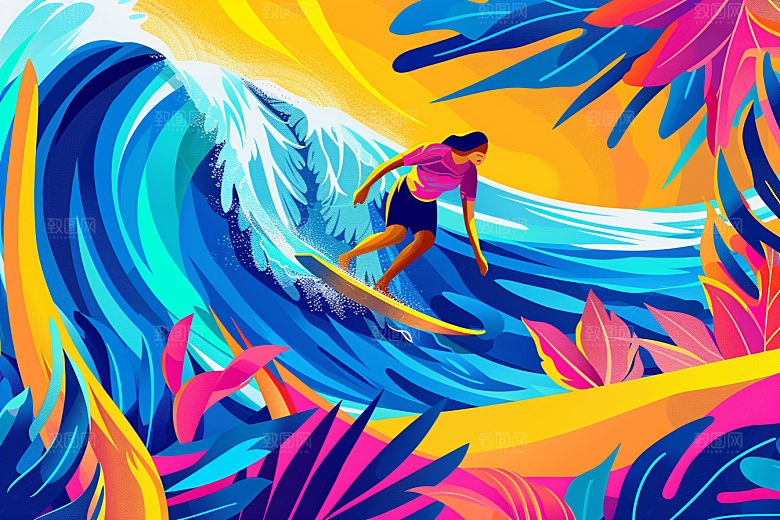 扁平风冲浪夏天戏水插画