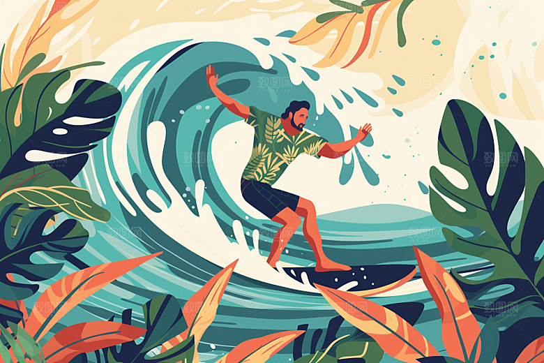 扁平风冲浪手绘海浪插画