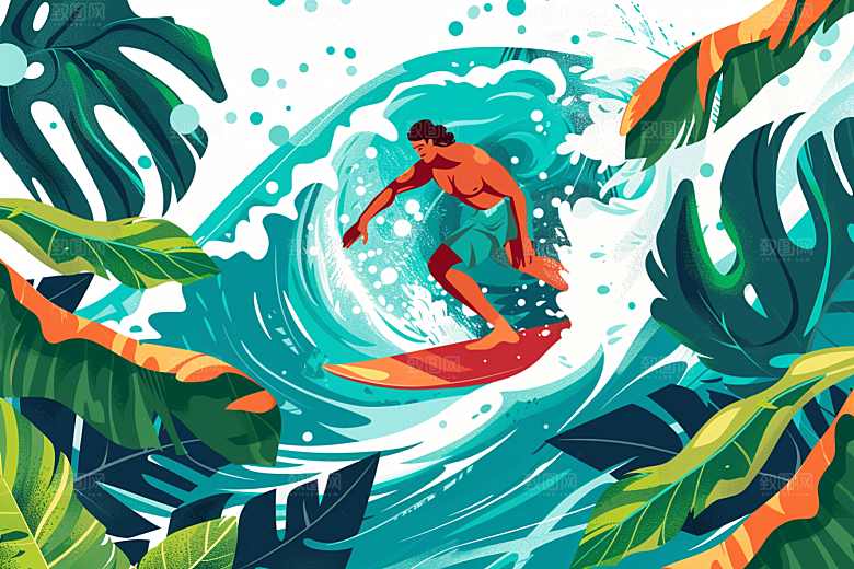 扁平风冲浪海浪手绘插画