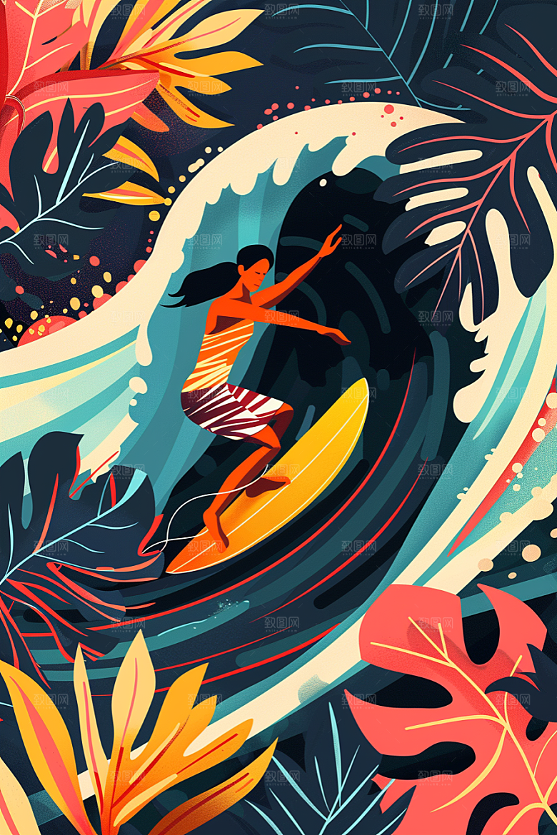扁平风冲浪画报风彩色插画