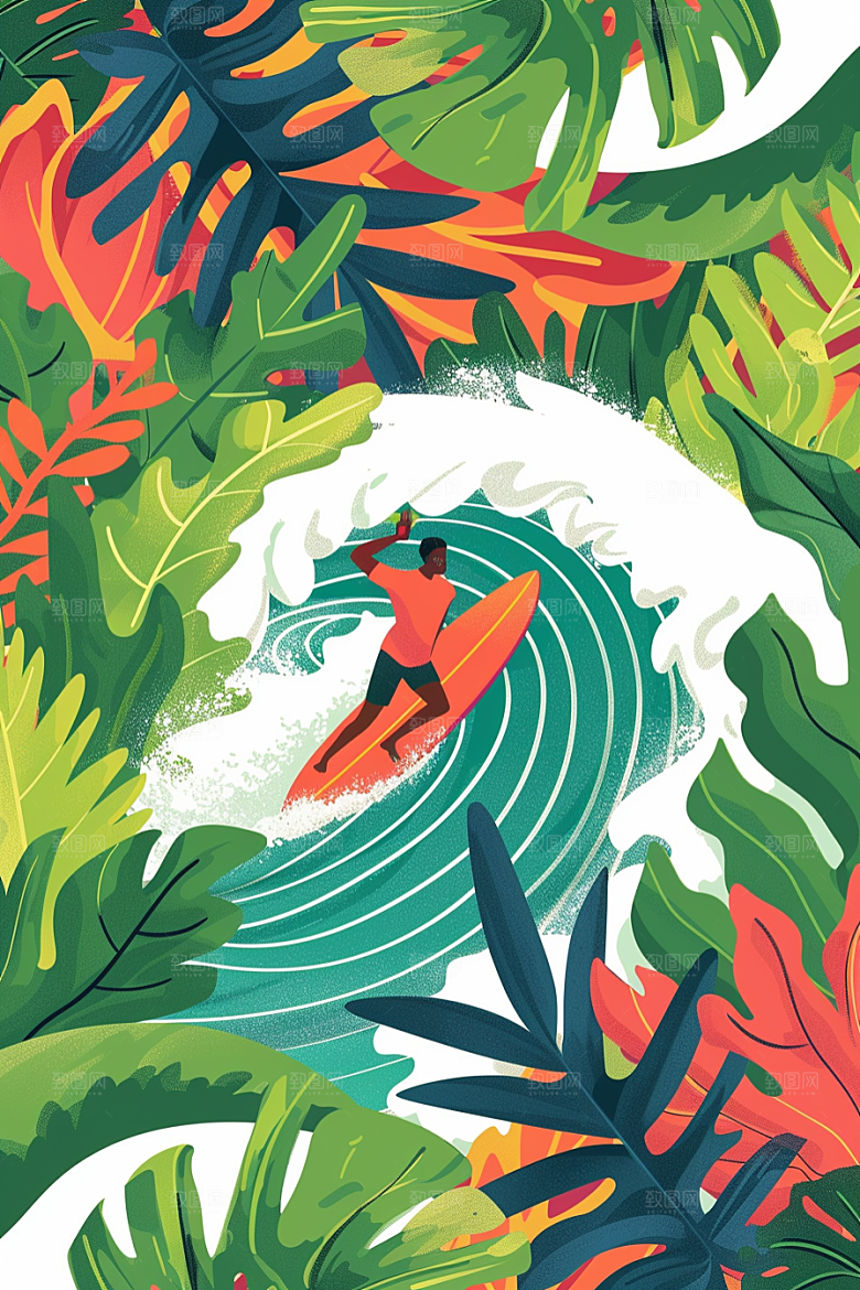 扁平风冲浪休闲体育插画