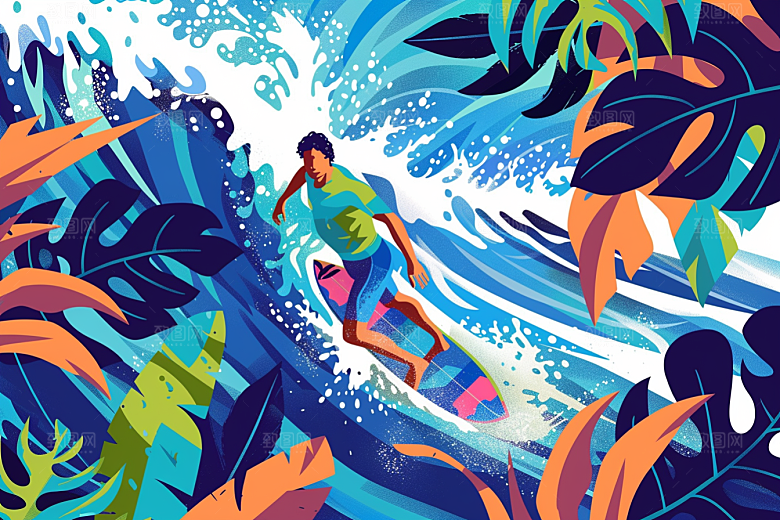 扁平风冲浪海边INS风插画