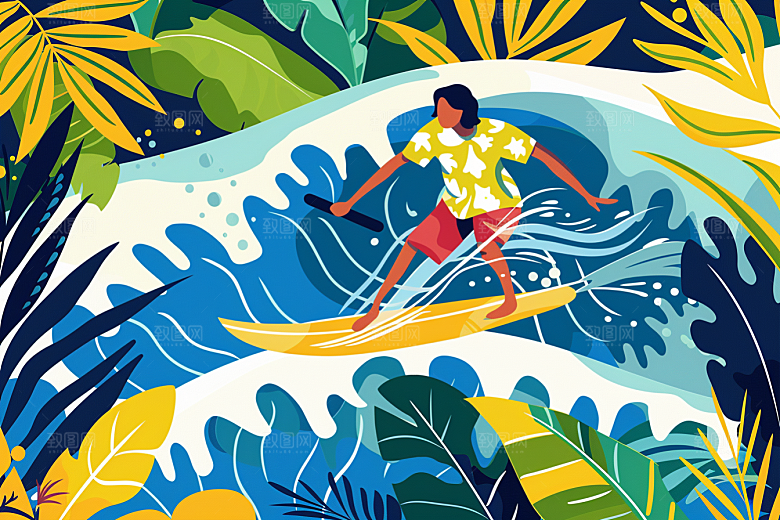 扁平风冲浪彩色夏天插画
