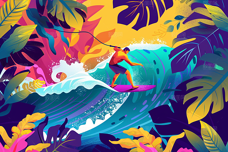扁平风冲浪戏水自然插画