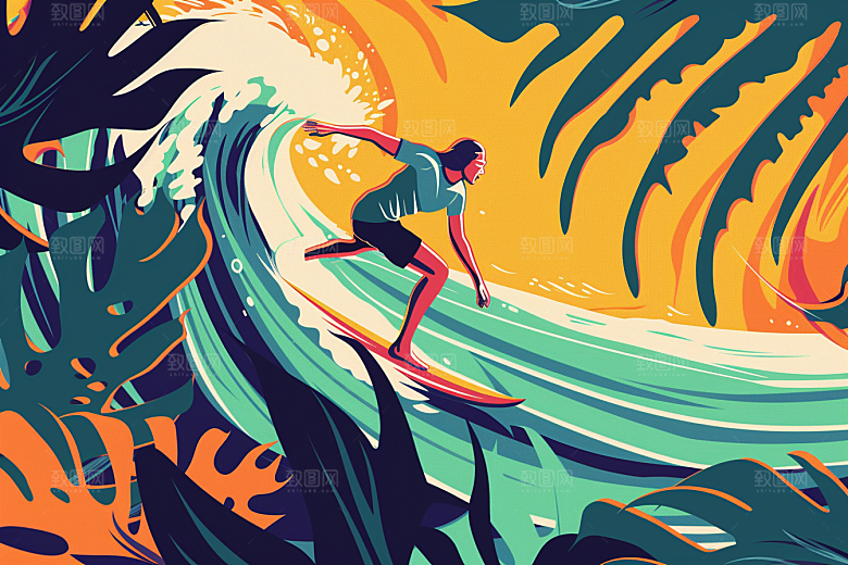 扁平风冲浪运动夏天插画