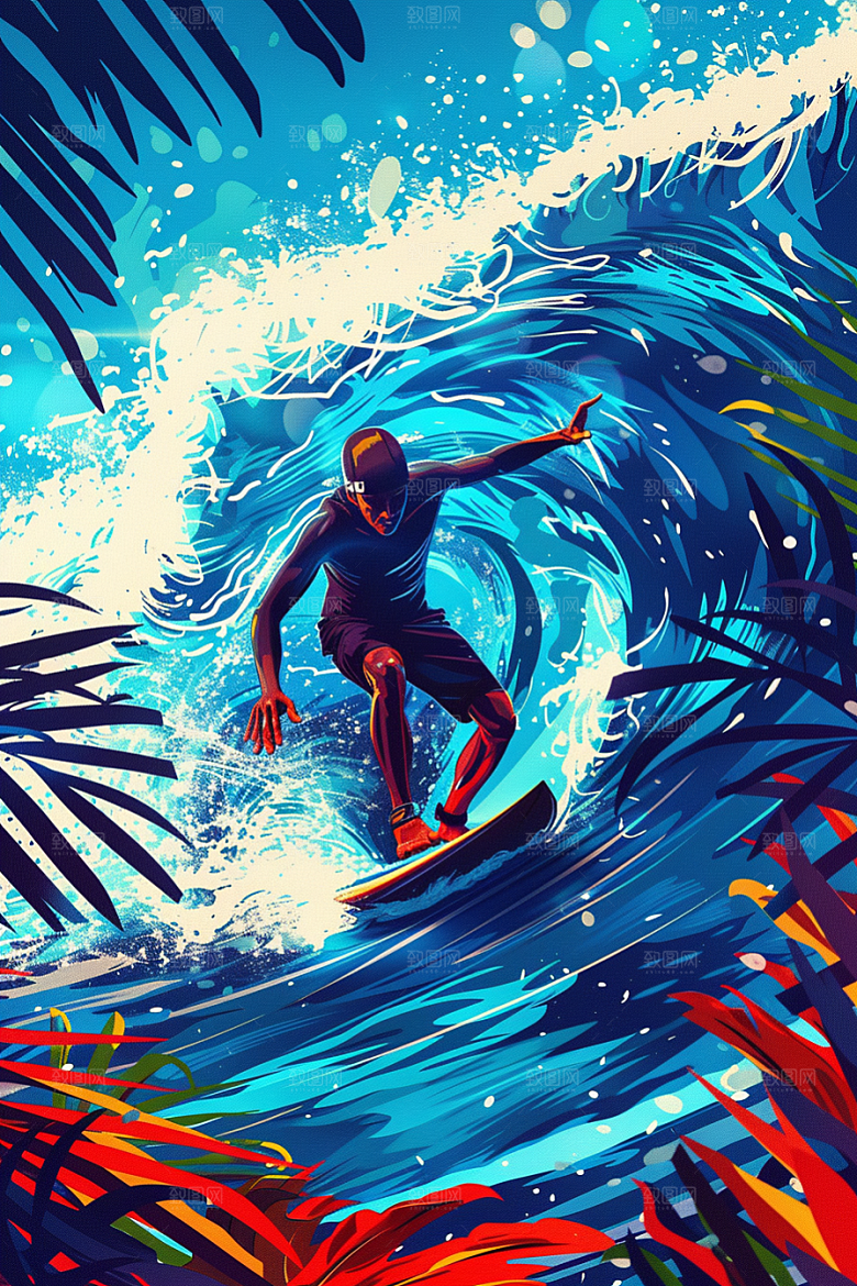扁平风冲浪海浪高清插画