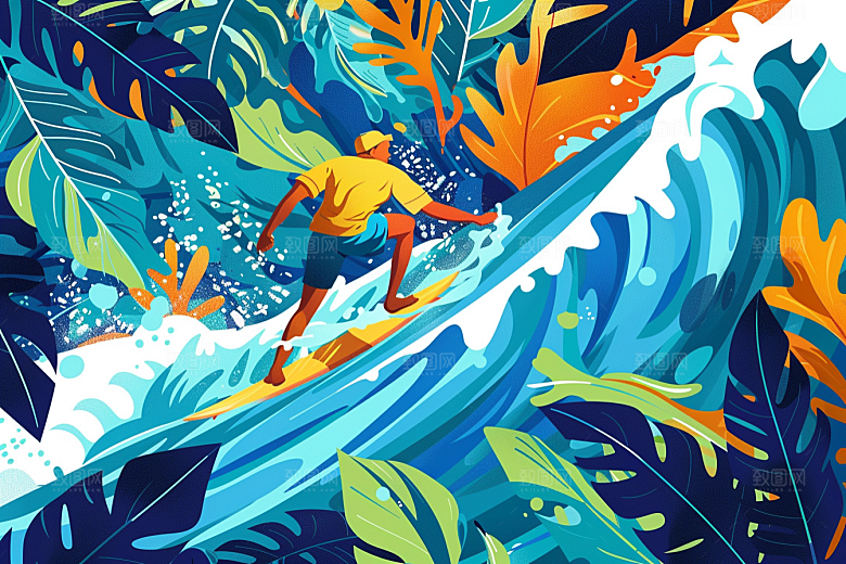 扁平风冲浪清新夏天插画