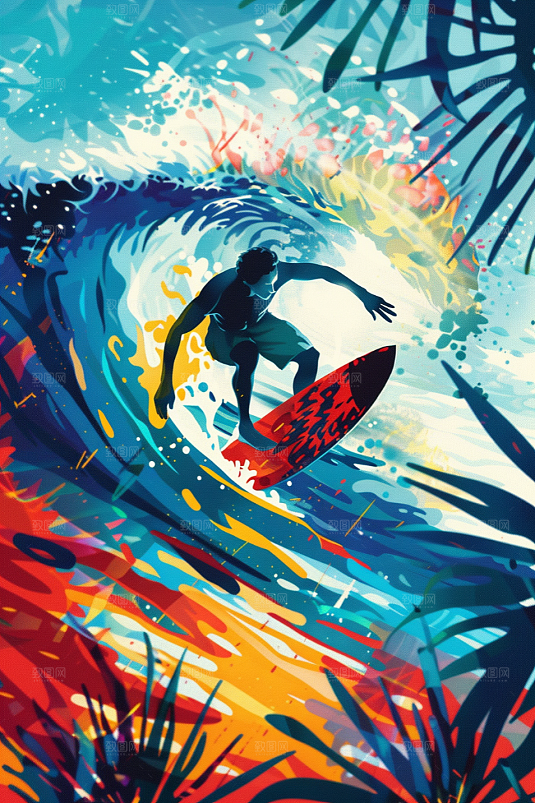 扁平风冲浪手绘INS风插画