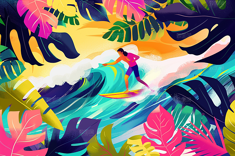 扁平风冲浪清新夏天插画