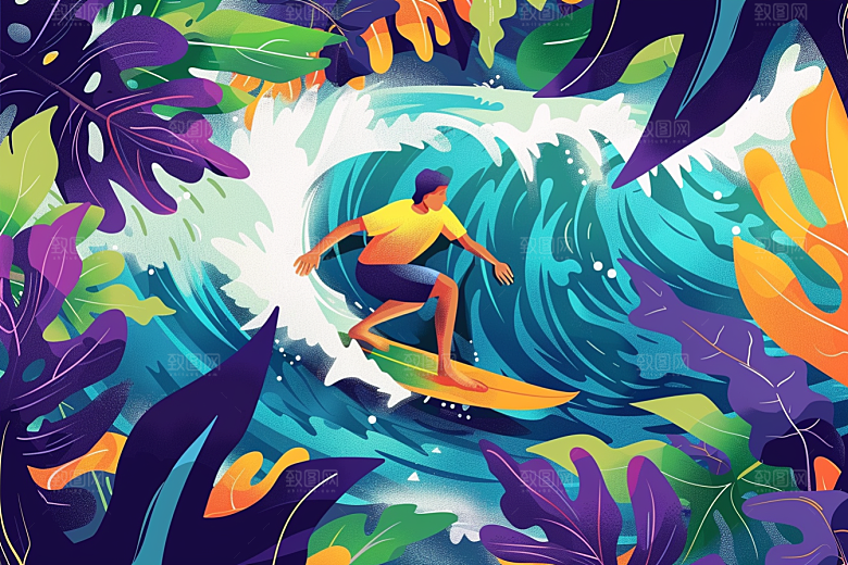 扁平风冲浪运动休闲插画