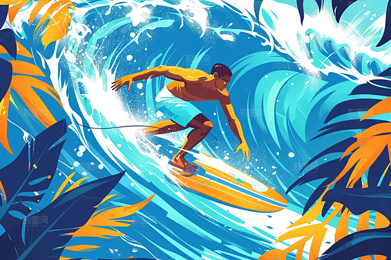 扁平风冲浪海浪自然插画
