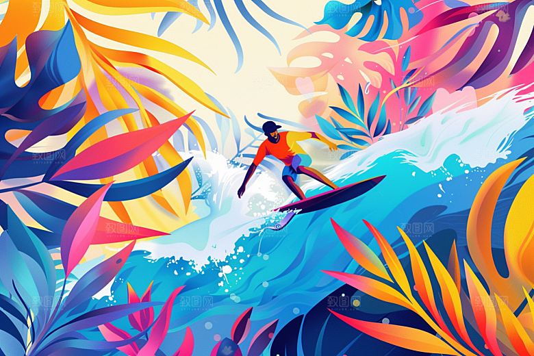 扁平风冲浪海边戏水插画