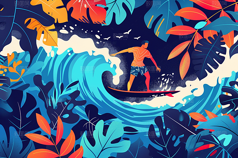 扁平风冲浪玩水海边插画