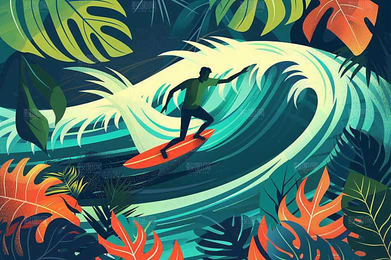 扁平风冲浪玩水夏天插画