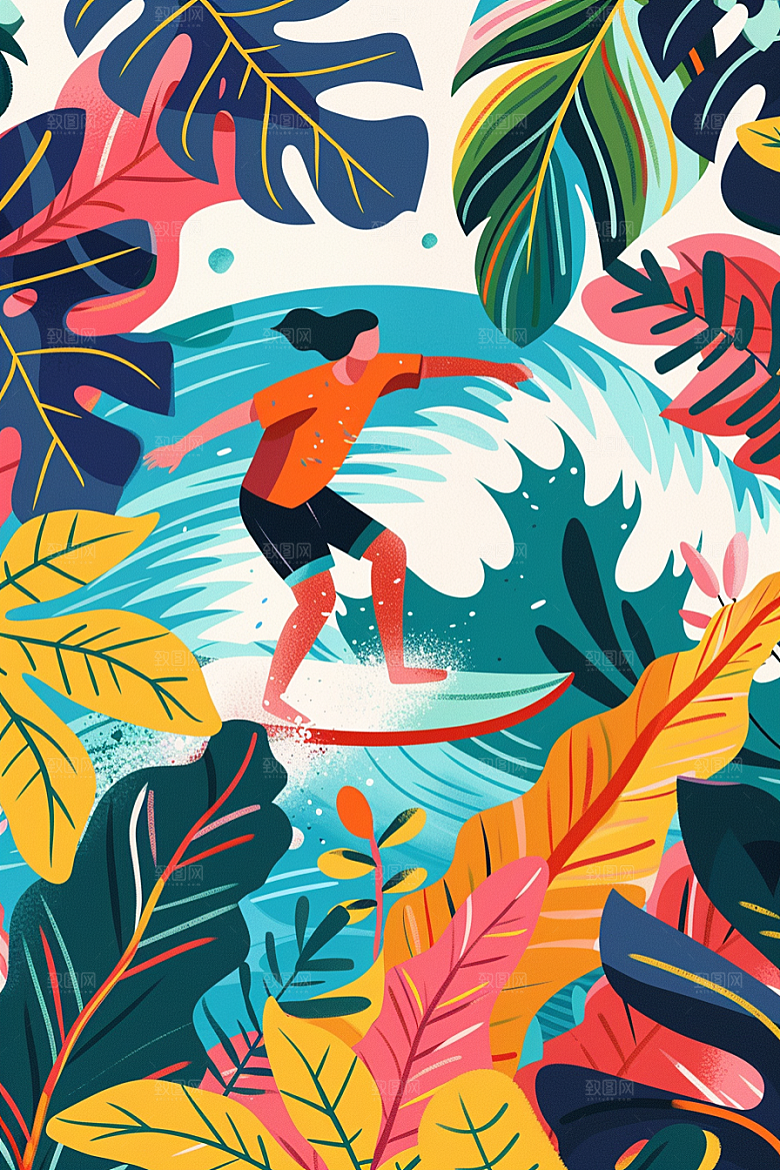 扁平风冲浪海浪水上运动插画