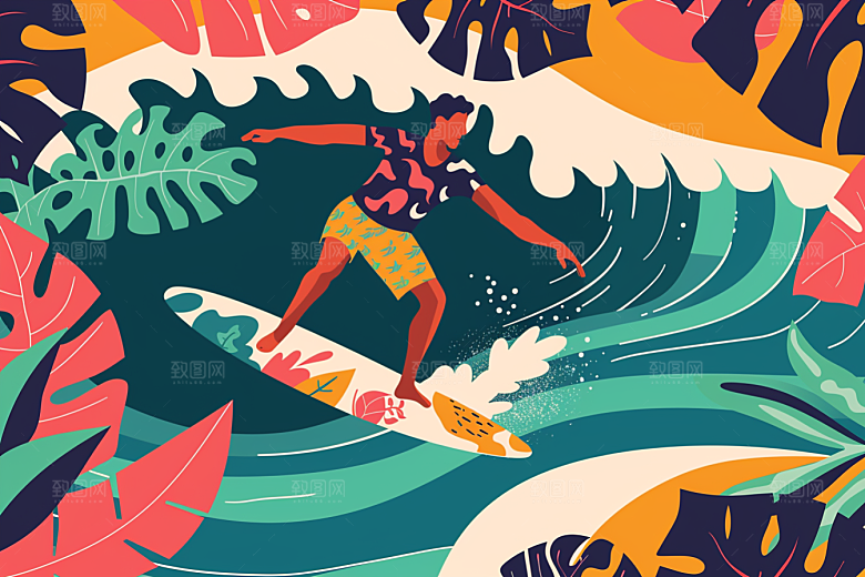 扁平风冲浪海浪夏天插画