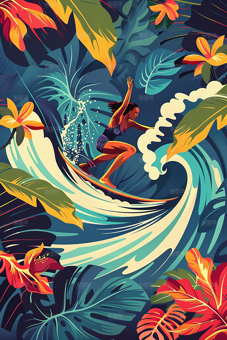 扁平风冲浪简约夏天插画