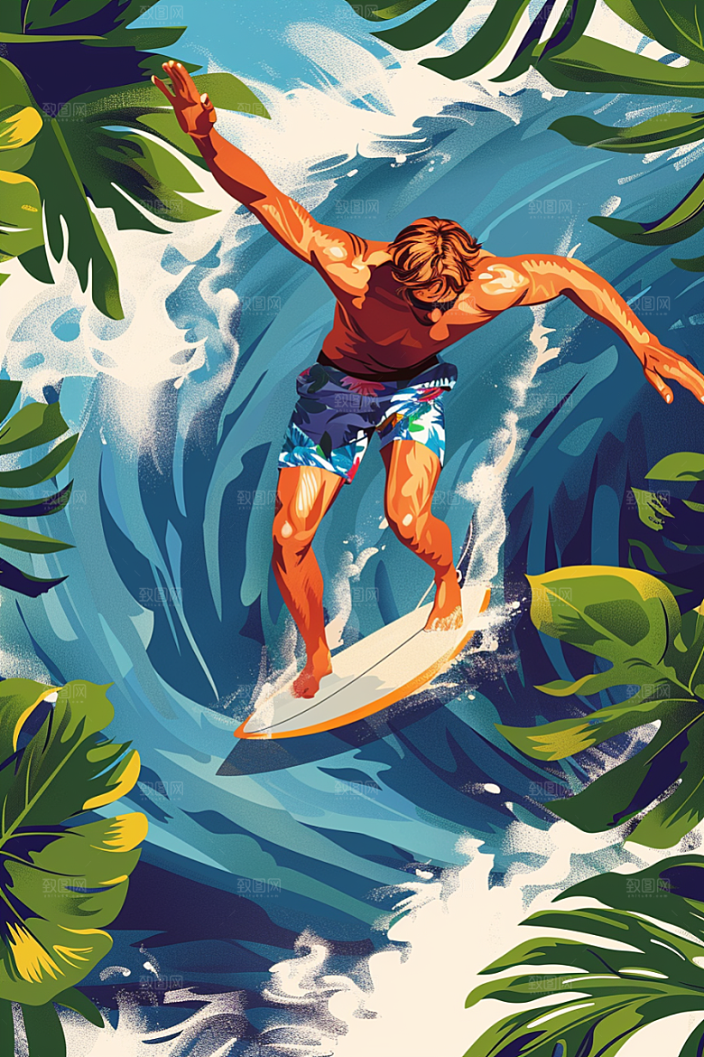 扁平风冲浪水上运动夏天插画
