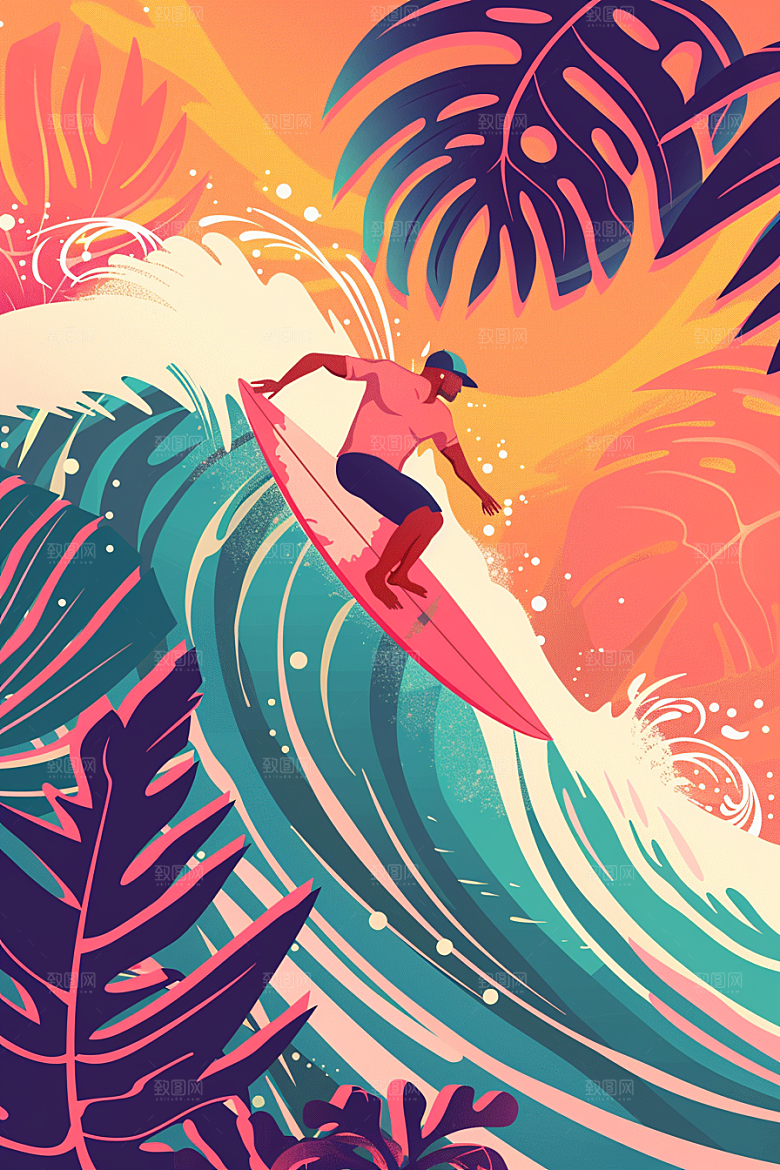 扁平风冲浪海浪海边插画