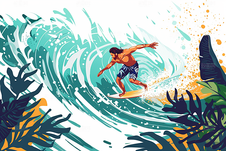 扁平风冲浪玩水海浪插画