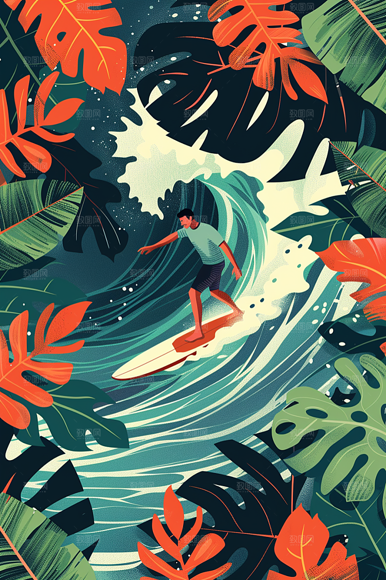 扁平风冲浪戏水运动插画