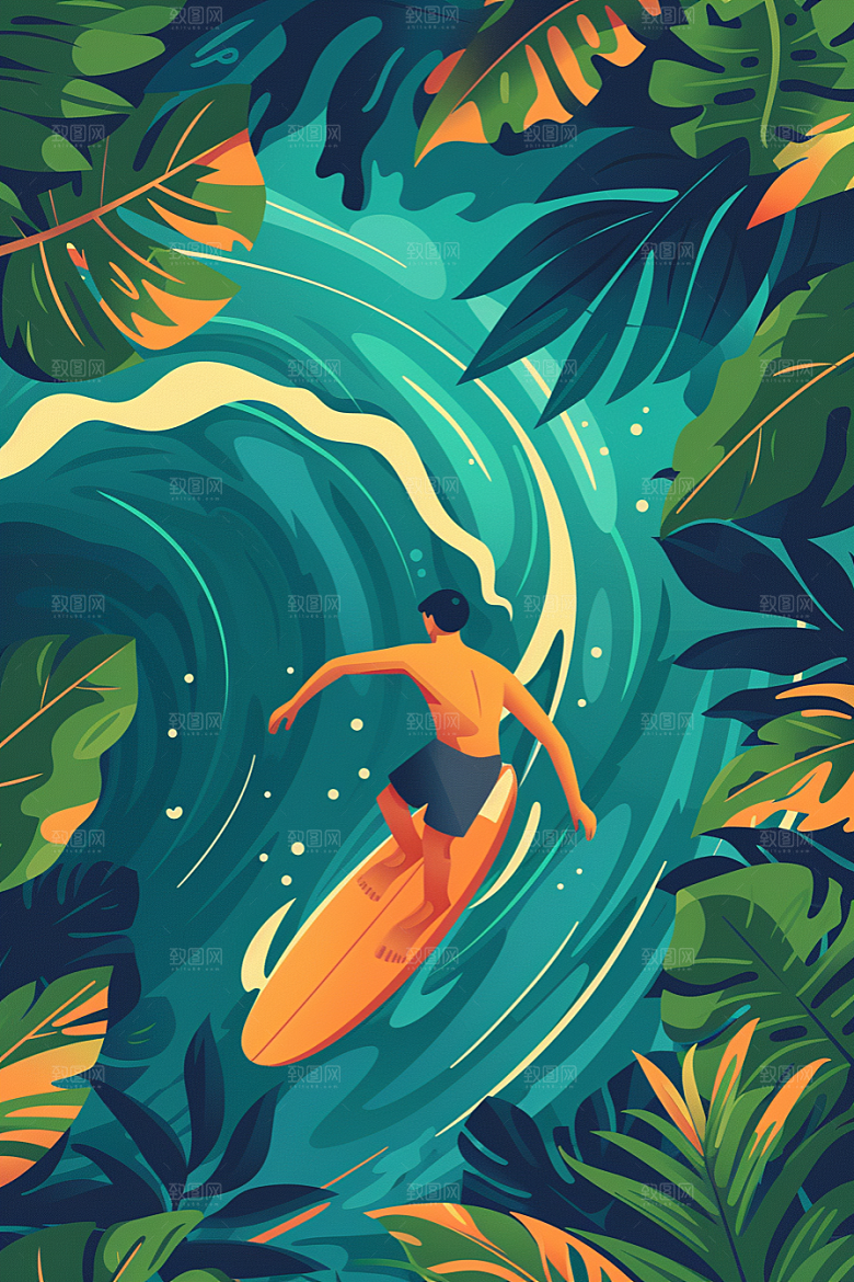 扁平风冲浪运动玩水插画