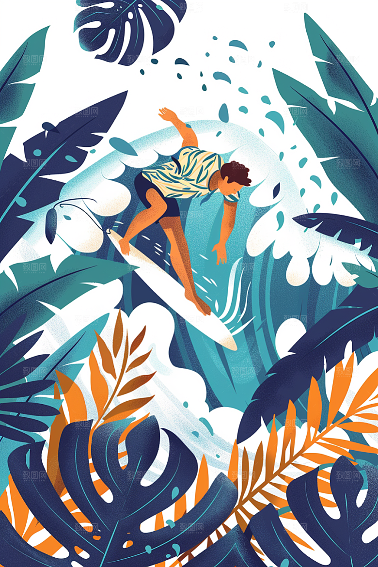 扁平风冲浪画报风简约插画