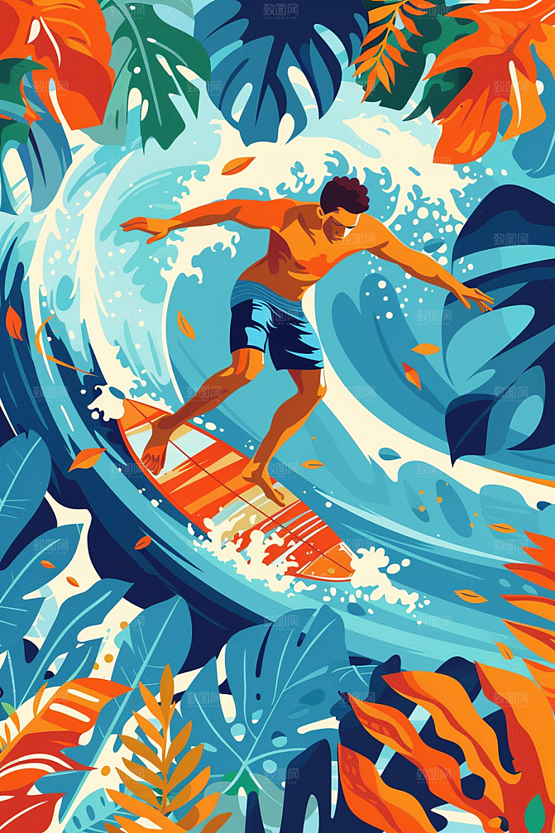 扁平风冲浪画报风玩水插画