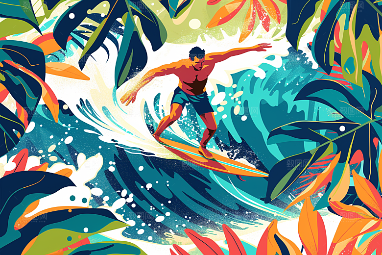 扁平风冲浪手绘玩水插画
