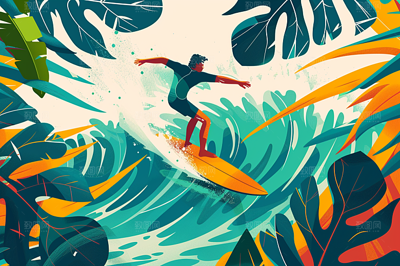 扁平风冲浪水上运动夏天插画