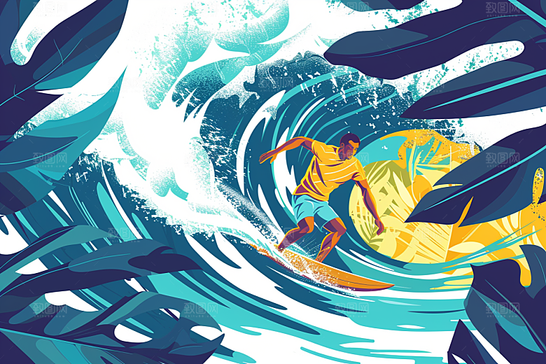 扁平风冲浪水上运动体育插画