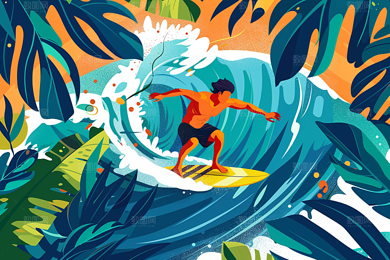 扁平风冲浪海边水上运动插画