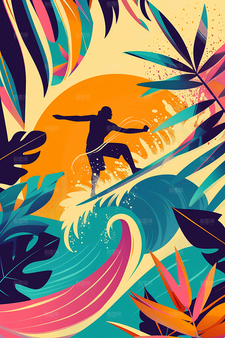 扁平风冲浪画报风玩水插画