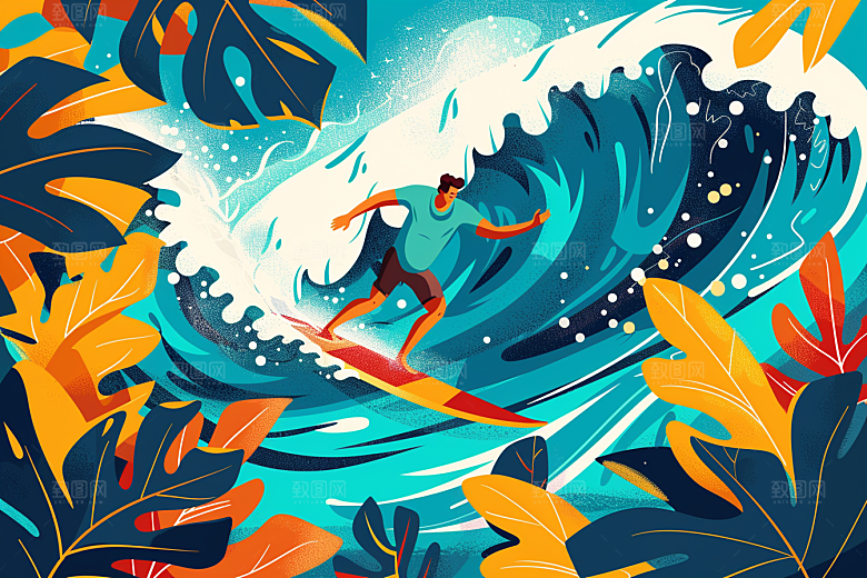 扁平风冲浪休闲高清插画