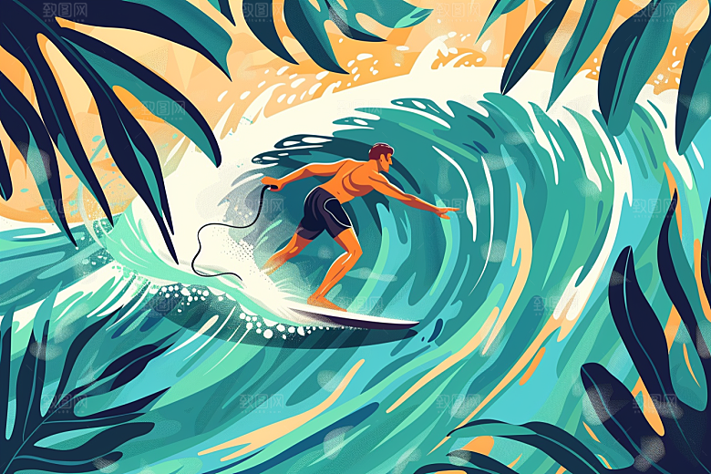 扁平风冲浪海边玩水插画