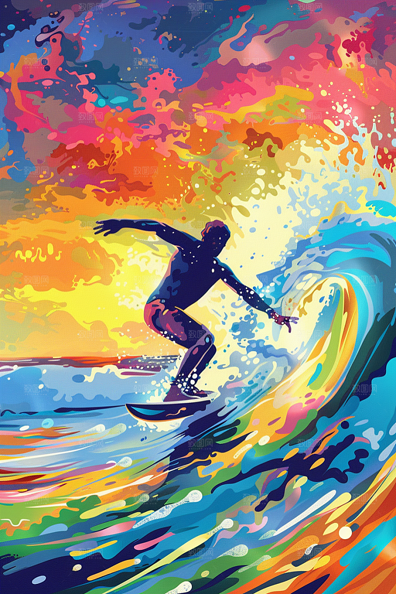 扁平风冲浪水上运动夏季插画