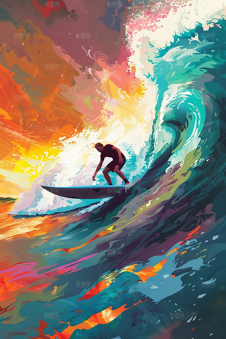 扁平风冲浪画报风简约插画
