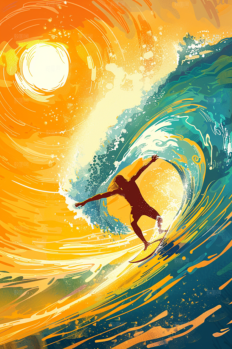 扁平风冲浪彩色手绘插画