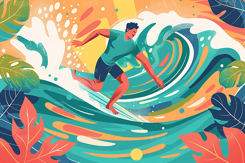扁平风冲浪INS风高清插画