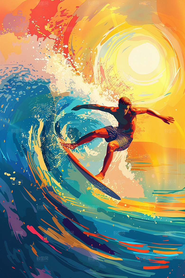 扁平风冲浪夏天海浪插画