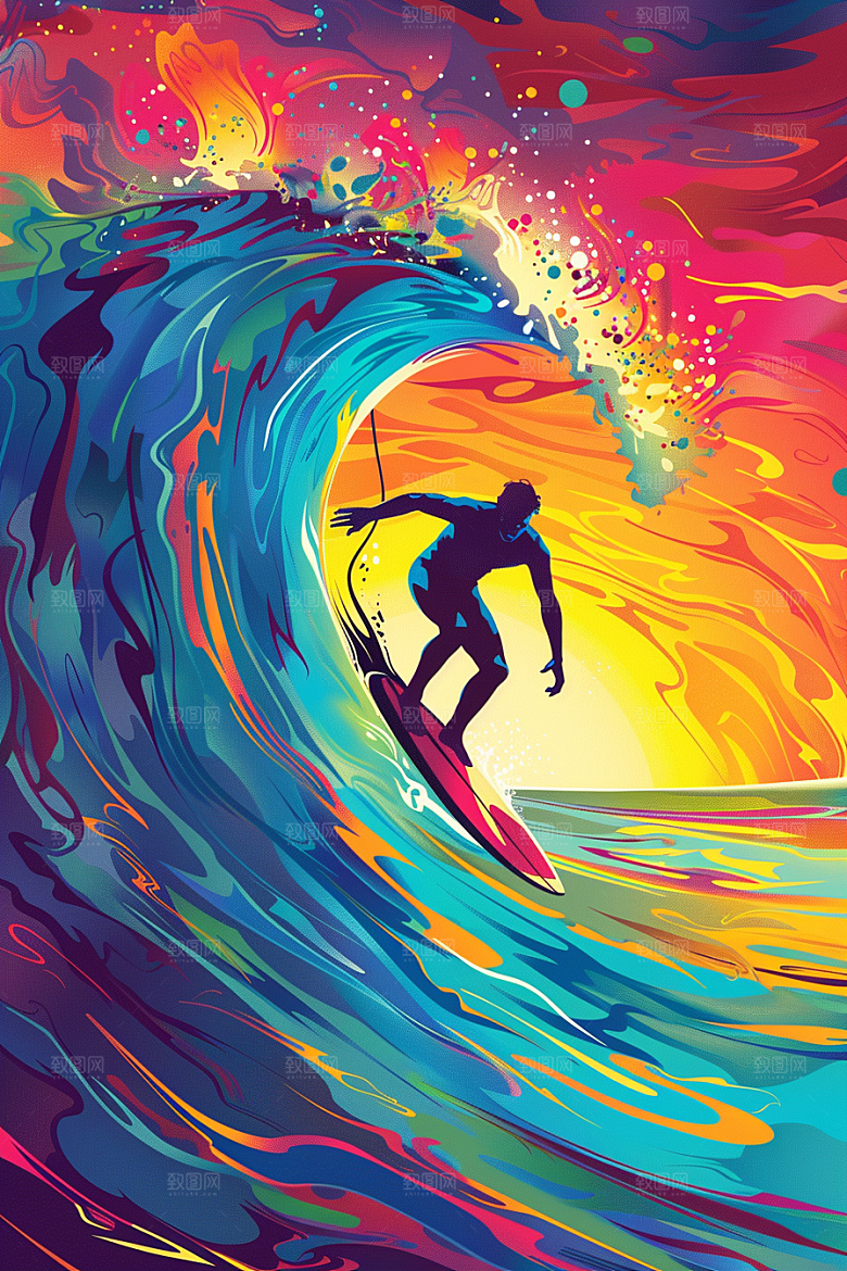 扁平风冲浪简约体育插画