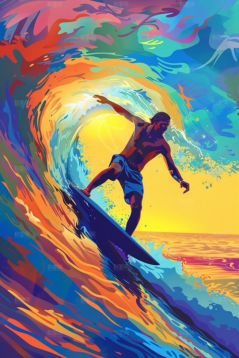 扁平风冲浪夏天清新插画
