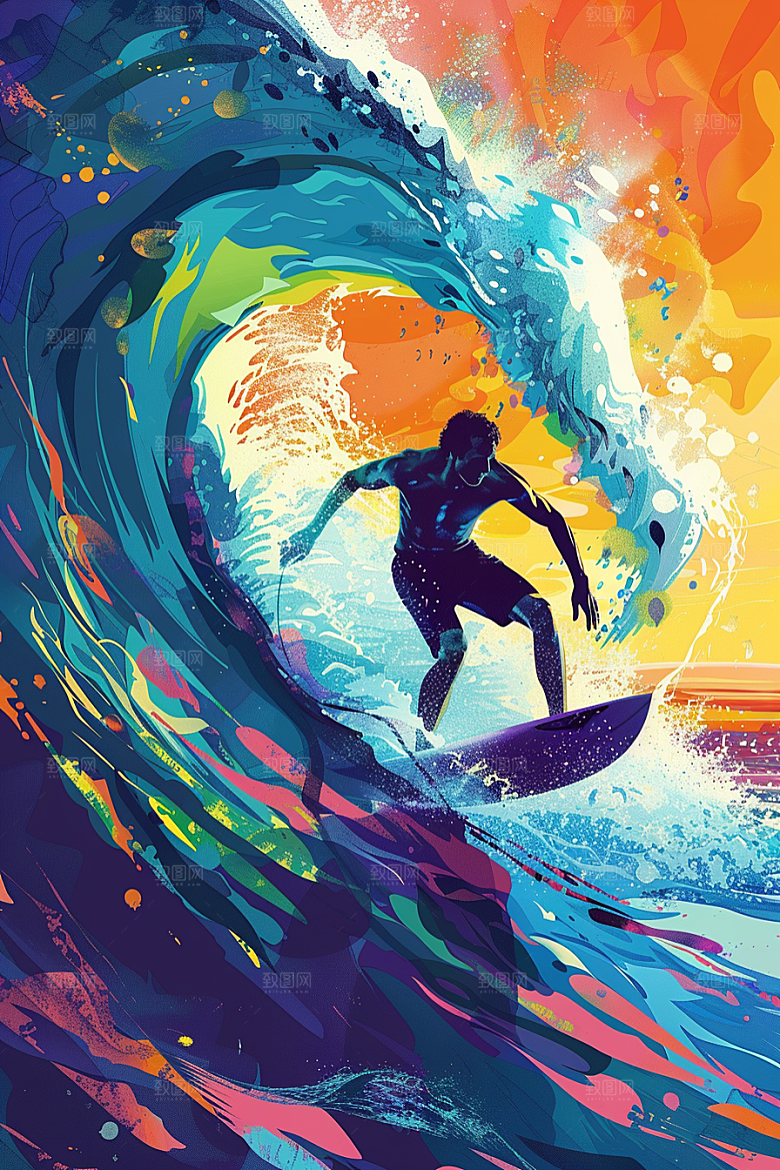 扁平风冲浪海浪手绘插画