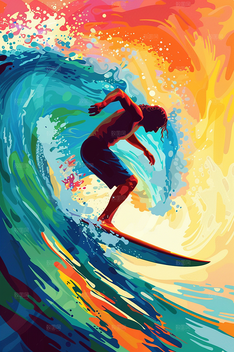 扁平风冲浪体育简约插画